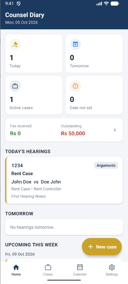 Counsel Diary dashboard showing hearing summaries, active cases and fee balances